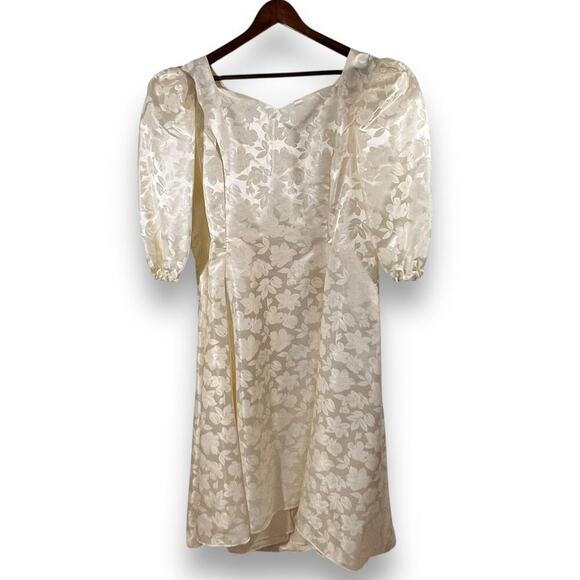 Vintage 80s Wedding Dress Sweetheart Neck Puff Sleeve Jacquard Ivory Sz 22 - Picture 3 of 12